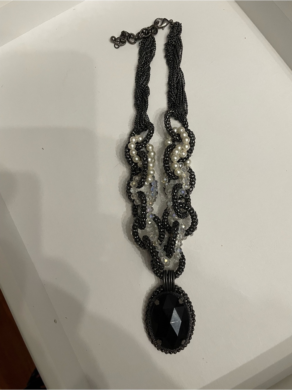 Black Beaded Statement Necklace with Pearl Accents